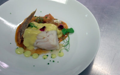 Bacalao confitado en aceite a 65 grados con callos de ternera estofados y pil-pil